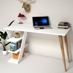Cross Masif Ayaklı Raflı Beyaz Çalışma Masası