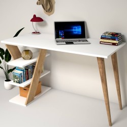 Cross Masif Ayaklı Raflı Safir Meşe Çalışma Masası