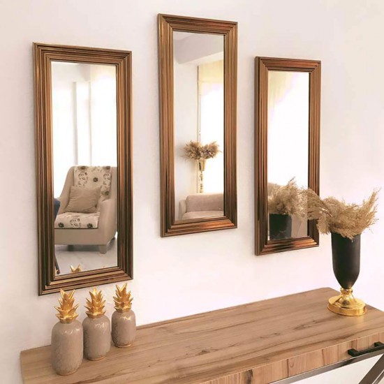 30x75 3'lü dekoratif parlak bronz çerceveli salon ayna 30x75 3'lü dekoratif parlak bronz çerceveli salon ayna